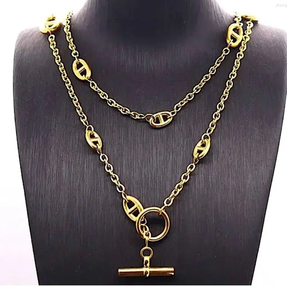 Gold PigNose Multilayer Necklace Bracelet Set Stainless Steel Plated Mariner